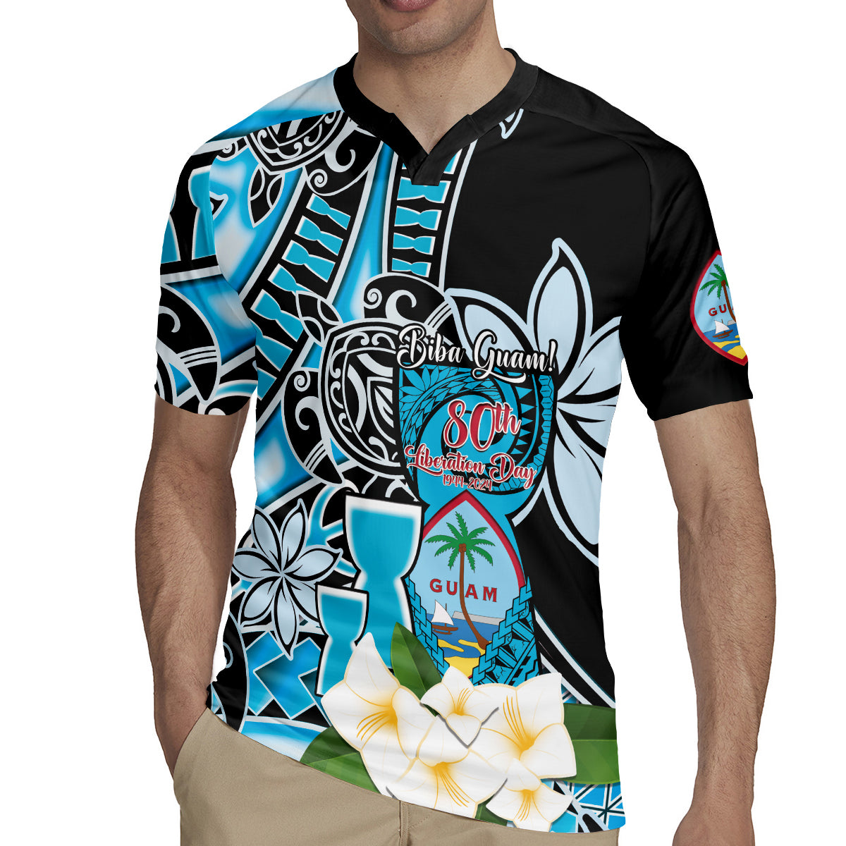 Personalised Guam Liberation Day Rugby Jersey Chamorro Latte Stone With Guasali Flowers