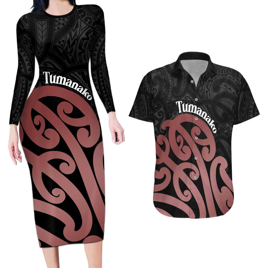 New Zealand Mangopare Tamanako Couples Matching Long Sleeve Bodycon Dress and Hawaiian Shirt Aotearoa Maori