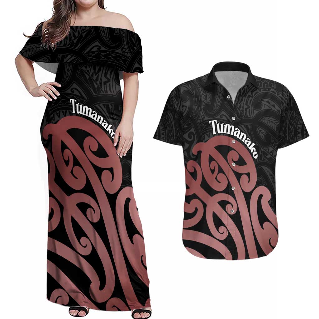 New Zealand Mangopare Tamanako Couples Matching Off Shoulder Maxi Dress and Hawaiian Shirt Aotearoa Maori