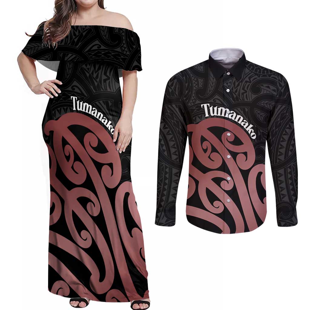 New Zealand Mangopare Tamanako Couples Matching Off Shoulder Maxi Dress and Long Sleeve Button Shirt Aotearoa Maori