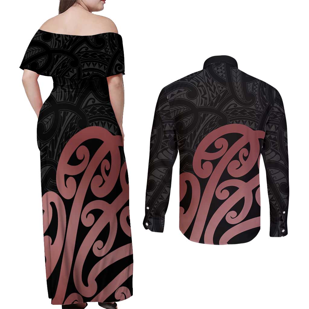 New Zealand Mangopare Tamanako Couples Matching Off Shoulder Maxi Dress and Long Sleeve Button Shirt Aotearoa Maori LT14 - Polynesian Pride