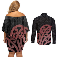 New Zealand Mangopare Tamanako Couples Matching Off Shoulder Short Dress and Long Sleeve Button Shirt Aotearoa Maori LT14 - Polynesian Pride