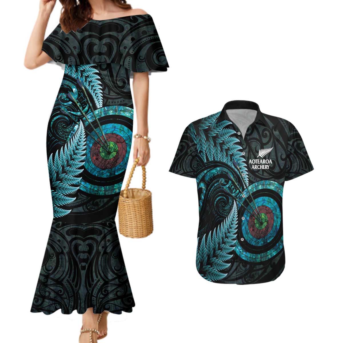 New Zealand Archery Couples Matching Mermaid Dress and Hawaiian Shirt Aotearoa Silver Fern Maori - Polynesian Pride