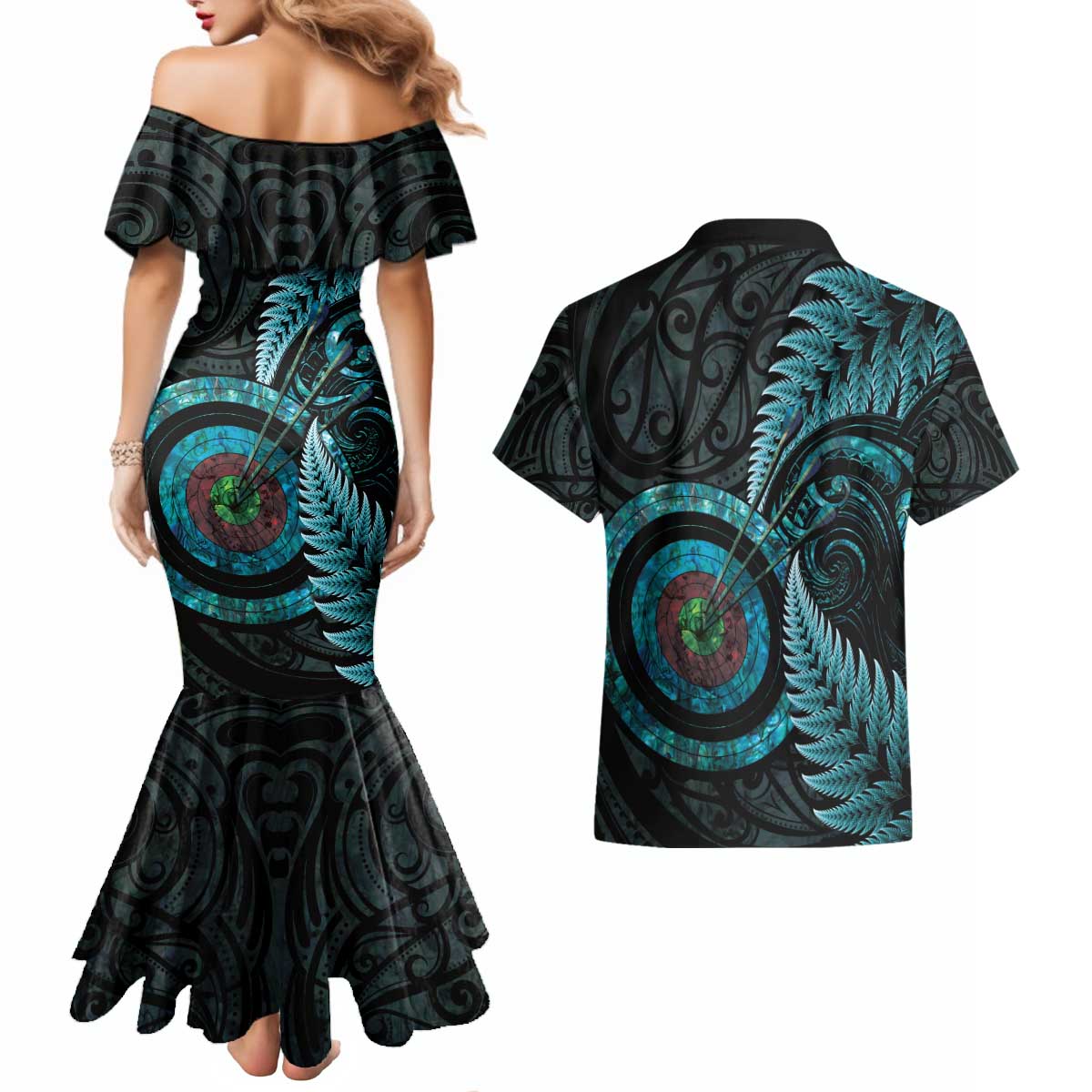 New Zealand Archery Couples Matching Mermaid Dress and Hawaiian Shirt Aotearoa Silver Fern Maori LT14 - Polynesian Pride