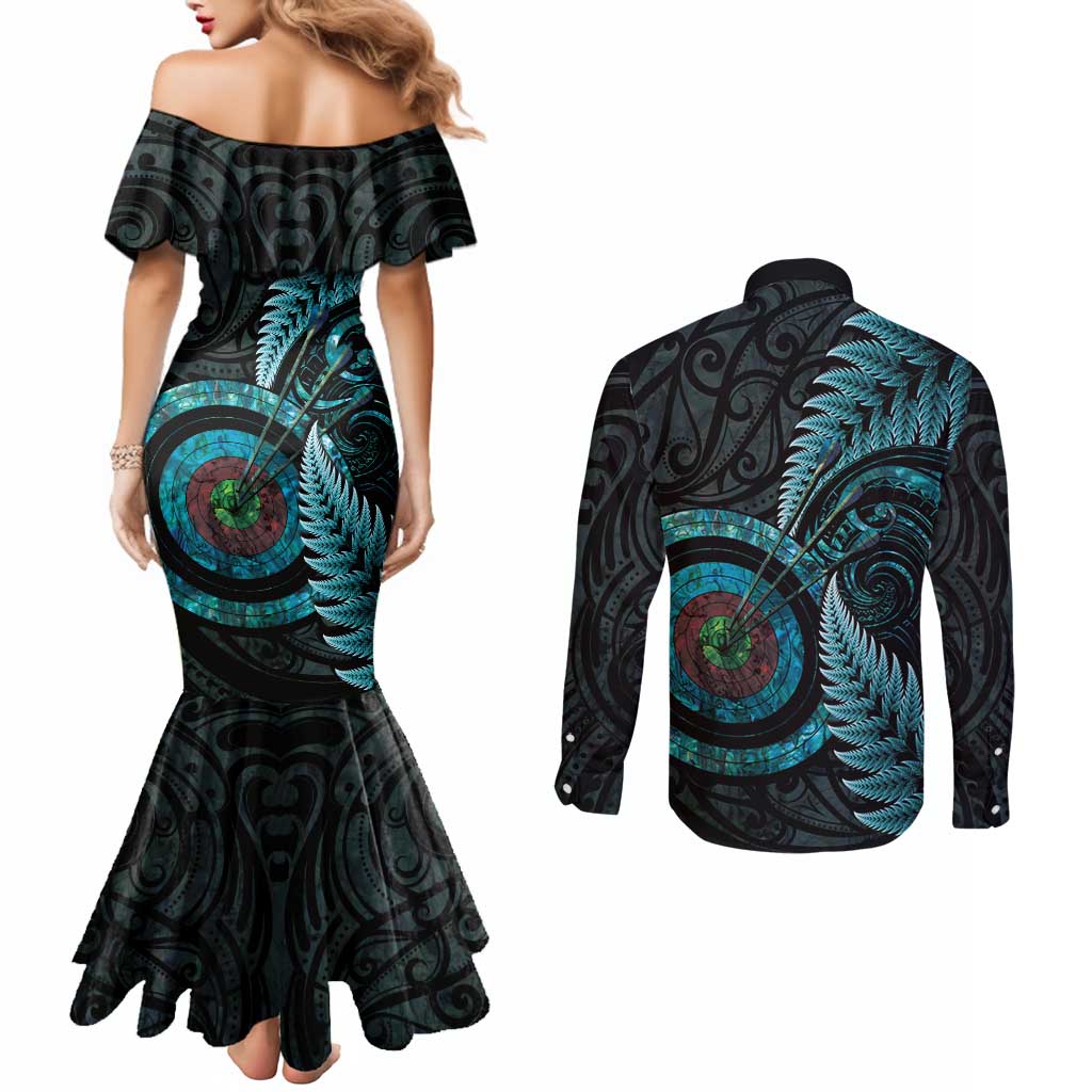 New Zealand Archery Couples Matching Mermaid Dress and Long Sleeve Button Shirt Aotearoa Silver Fern Maori LT14 - Polynesian Pride