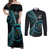 New Zealand Archery Couples Matching Off Shoulder Maxi Dress and Long Sleeve Button Shirt Aotearoa Silver Fern Maori LT14 Turquoise - Polynesian Pride