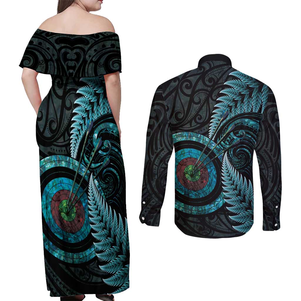 New Zealand Archery Couples Matching Off Shoulder Maxi Dress and Long Sleeve Button Shirt Aotearoa Silver Fern Maori LT14 - Polynesian Pride
