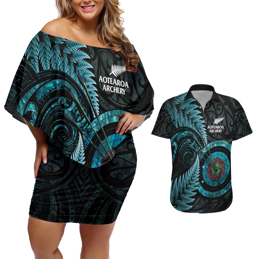 New Zealand Archery Couples Matching Off Shoulder Short Dress and Hawaiian Shirt Aotearoa Silver Fern Maori LT14 Turquoise - Polynesian Pride