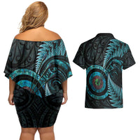 New Zealand Archery Couples Matching Off Shoulder Short Dress and Hawaiian Shirt Aotearoa Silver Fern Maori LT14 - Polynesian Pride