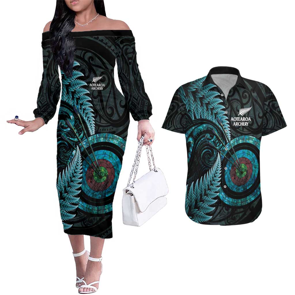 New Zealand Archery Couples Matching Off The Shoulder Long Sleeve Dress and Hawaiian Shirt Aotearoa Silver Fern Maori LT14 Turquoise - Polynesian Pride