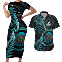 New Zealand Archery Couples Matching Short Sleeve Bodycon Dress and Hawaiian Shirt Aotearoa Silver Fern Maori LT14 Turquoise - Polynesian Pride