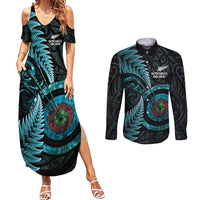 New Zealand Archery Couples Matching Summer Maxi Dress and Long Sleeve Button Shirt Aotearoa Silver Fern Maori LT14 Turquoise - Polynesian Pride