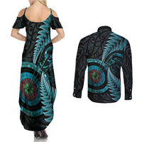 New Zealand Archery Couples Matching Summer Maxi Dress and Long Sleeve Button Shirt Aotearoa Silver Fern Maori LT14 - Polynesian Pride