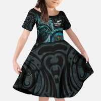 New Zealand Archery Family Matching Off The Shoulder Long Sleeve Dress and Hawaiian Shirt Aotearoa Silver Fern Maori LT14 Daughter's Dress Turquoise - Polynesian Pride