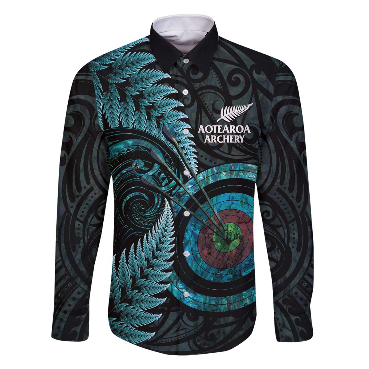 New Zealand Archery Family Matching Off The Shoulder Long Sleeve Dress and Hawaiian Shirt Aotearoa Silver Fern Maori LT14 Dad's Shirt - Long Sleeve Turquoise - Polynesian Pride