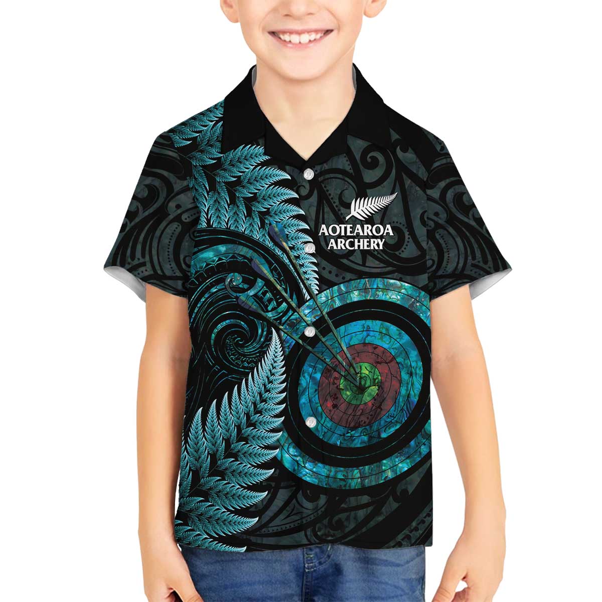 New Zealand Archery Family Matching Off The Shoulder Long Sleeve Dress and Hawaiian Shirt Aotearoa Silver Fern Maori LT14 Son's Shirt Turquoise - Polynesian Pride