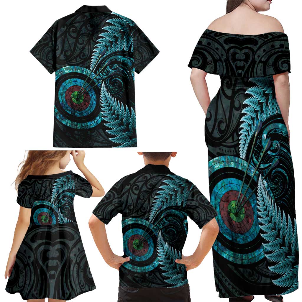 New Zealand Archery Family Matching Off Shoulder Maxi Dress and Hawaiian Shirt Aotearoa Silver Fern Maori LT14 - Polynesian Pride
