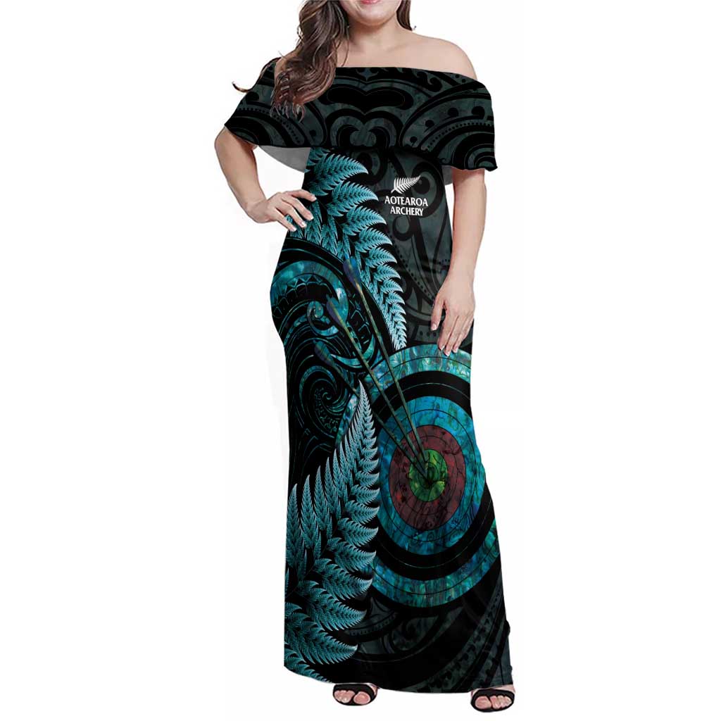 New Zealand Archery Family Matching Off Shoulder Maxi Dress and Hawaiian Shirt Aotearoa Silver Fern Maori LT14 Mom's Dress Turquoise - Polynesian Pride