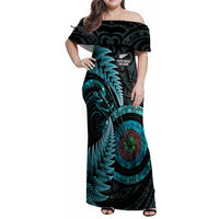 New Zealand Archery Family Matching Off Shoulder Maxi Dress and Hawaiian Shirt Aotearoa Silver Fern Maori LT14 Mom's Dress Turquoise - Polynesian Pride