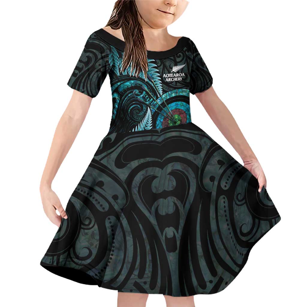 New Zealand Archery Family Matching Off Shoulder Short Dress and Hawaiian Shirt Aotearoa Silver Fern Maori LT14 Daughter's Dress Turquoise - Polynesian Pride