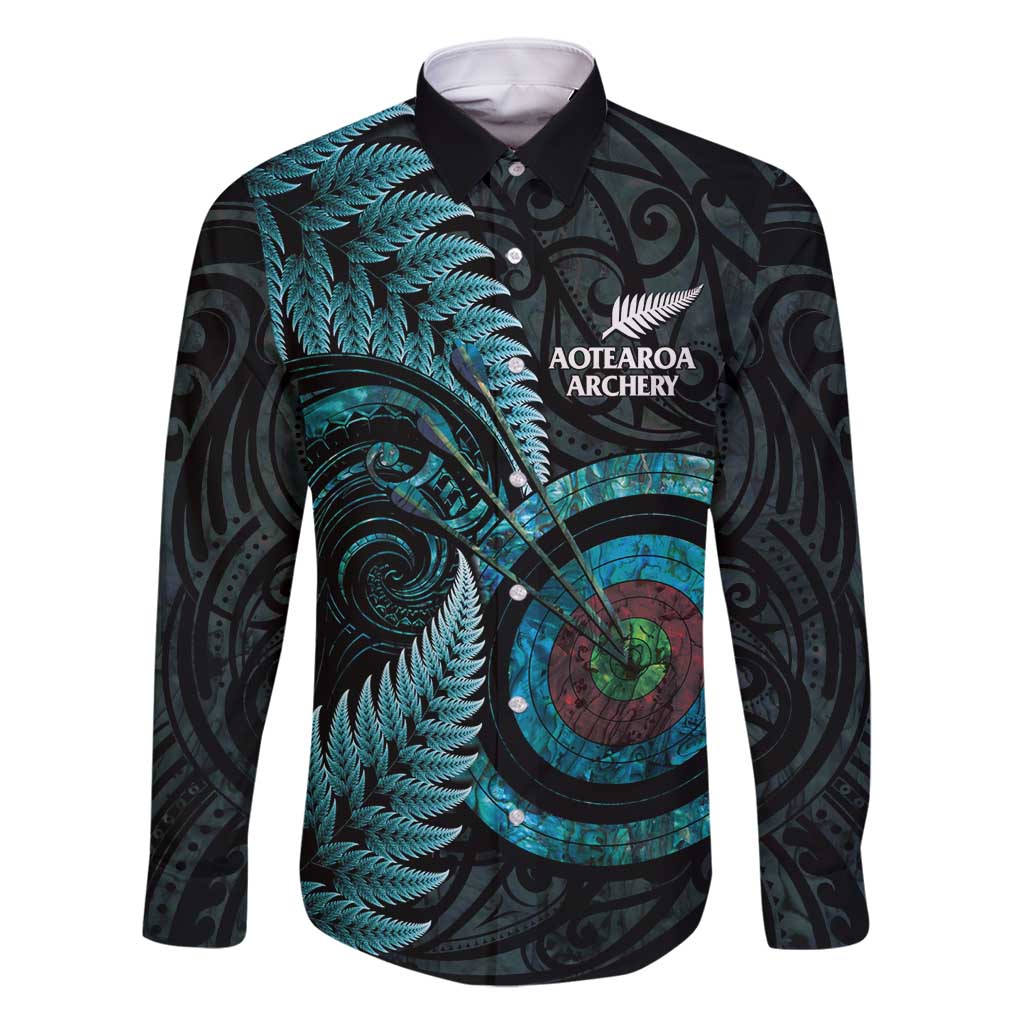 New Zealand Archery Family Matching Off Shoulder Short Dress and Hawaiian Shirt Aotearoa Silver Fern Maori LT14 Dad's Shirt - Long Sleeve Turquoise - Polynesian Pride