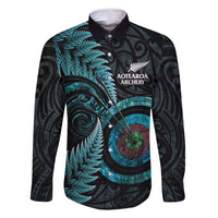 New Zealand Archery Family Matching Off Shoulder Short Dress and Hawaiian Shirt Aotearoa Silver Fern Maori LT14 Dad's Shirt - Long Sleeve Turquoise - Polynesian Pride