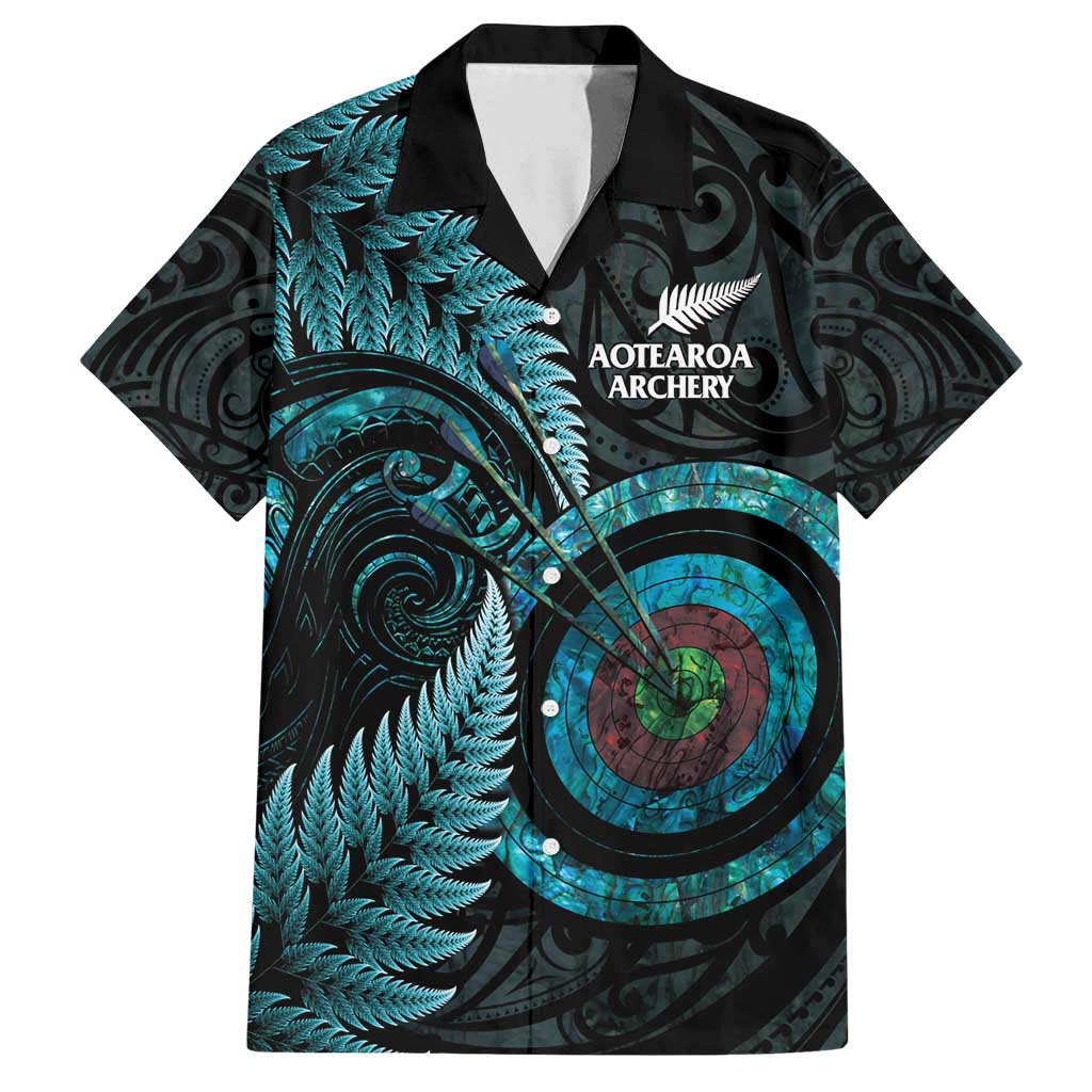 New Zealand Archery Family Matching Puletasi and Hawaiian Shirt Aotearoa Silver Fern Maori LT14 Dad's Shirt - Short Sleeve Turquoise - Polynesian Pride