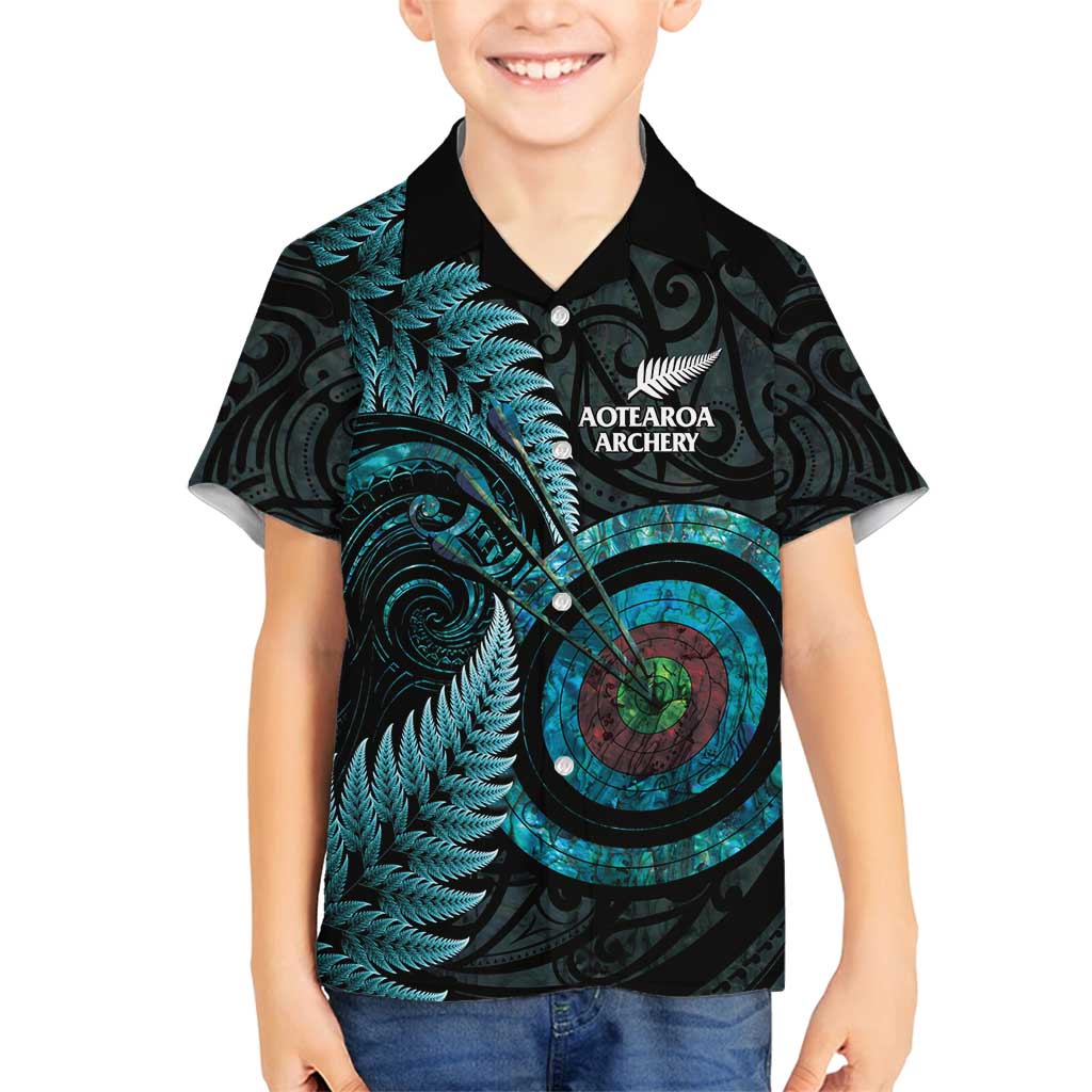 New Zealand Archery Family Matching Puletasi and Hawaiian Shirt Aotearoa Silver Fern Maori LT14 Son's Shirt Turquoise - Polynesian Pride