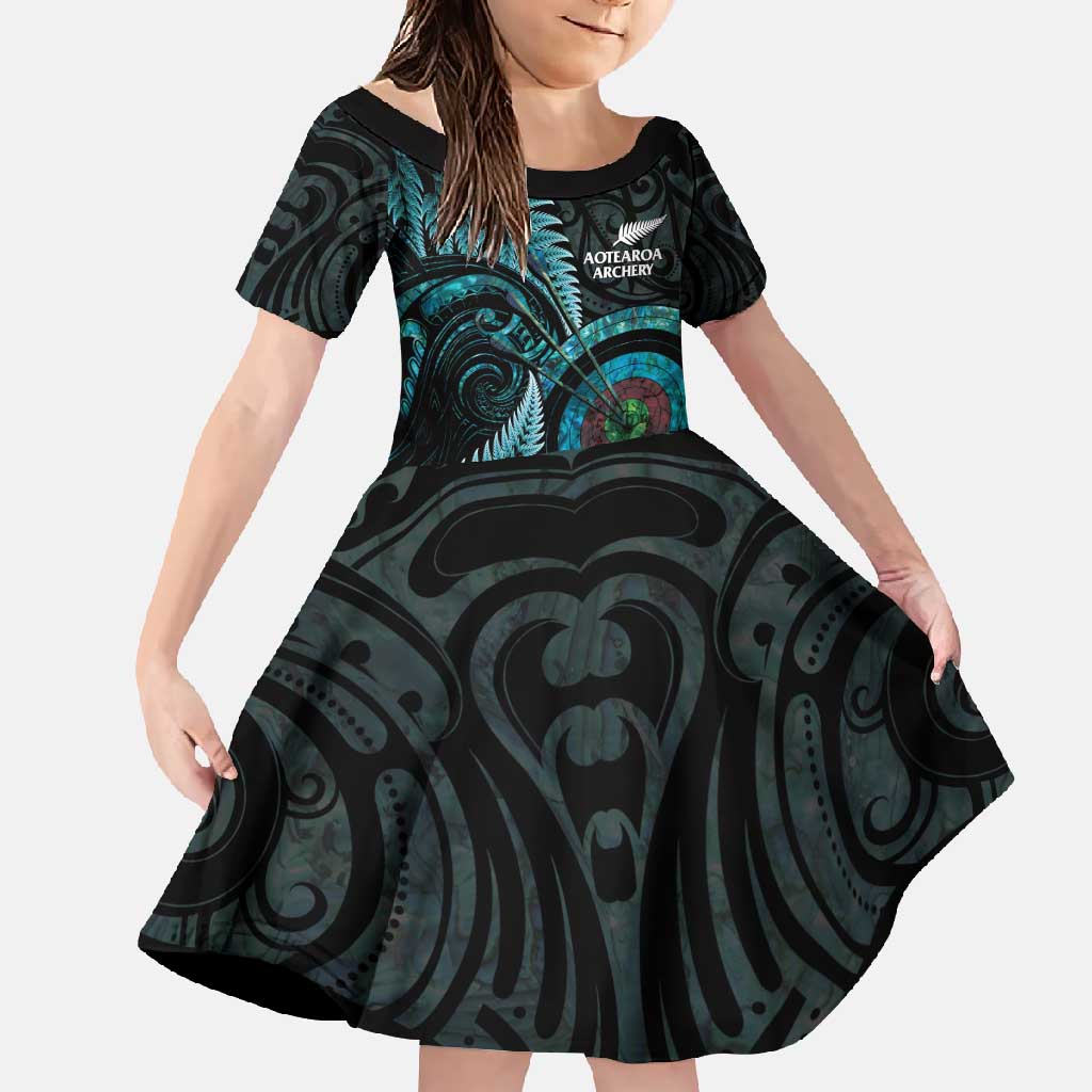 New Zealand Archery Family Matching Summer Maxi Dress and Hawaiian Shirt Aotearoa Silver Fern Maori LT14 Daughter's Dress Turquoise - Polynesian Pride