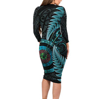 New Zealand Archery Long Sleeve Bodycon Dress Aotearoa Silver Fern Maori - Polynesian Pride
