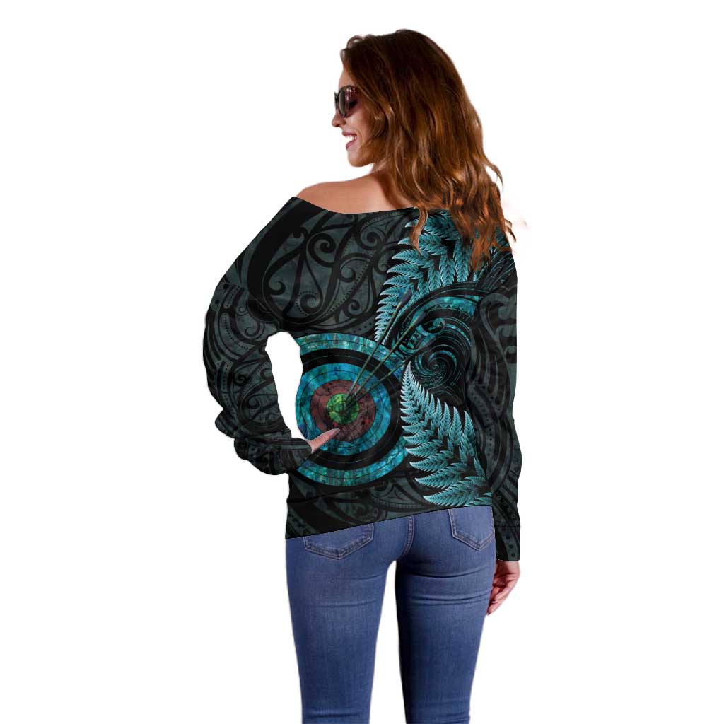 New Zealand Archery Off Shoulder Sweater Aotearoa Silver Fern Maori - Polynesian Pride