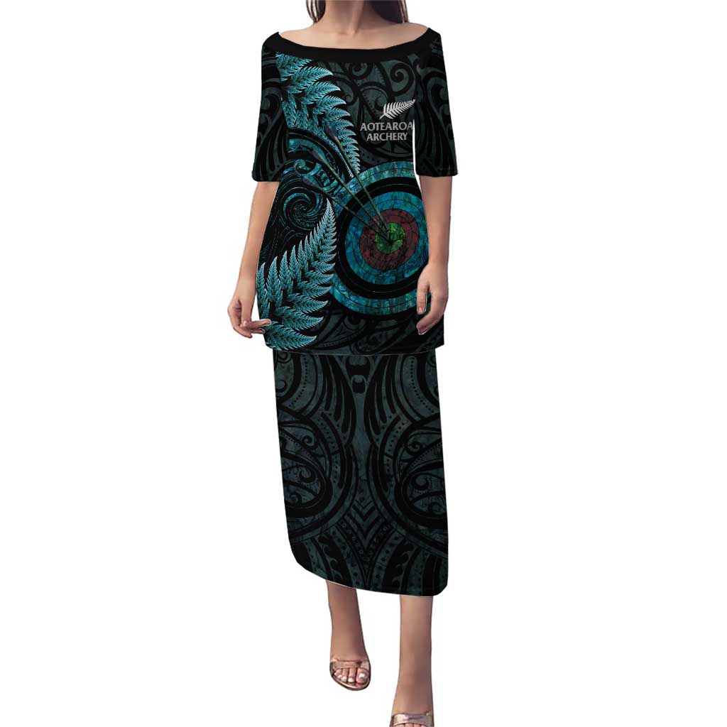 New Zealand Archery Puletasi Aotearoa Silver Fern Maori LT14 Long Dress Turquoise - Polynesian Pride