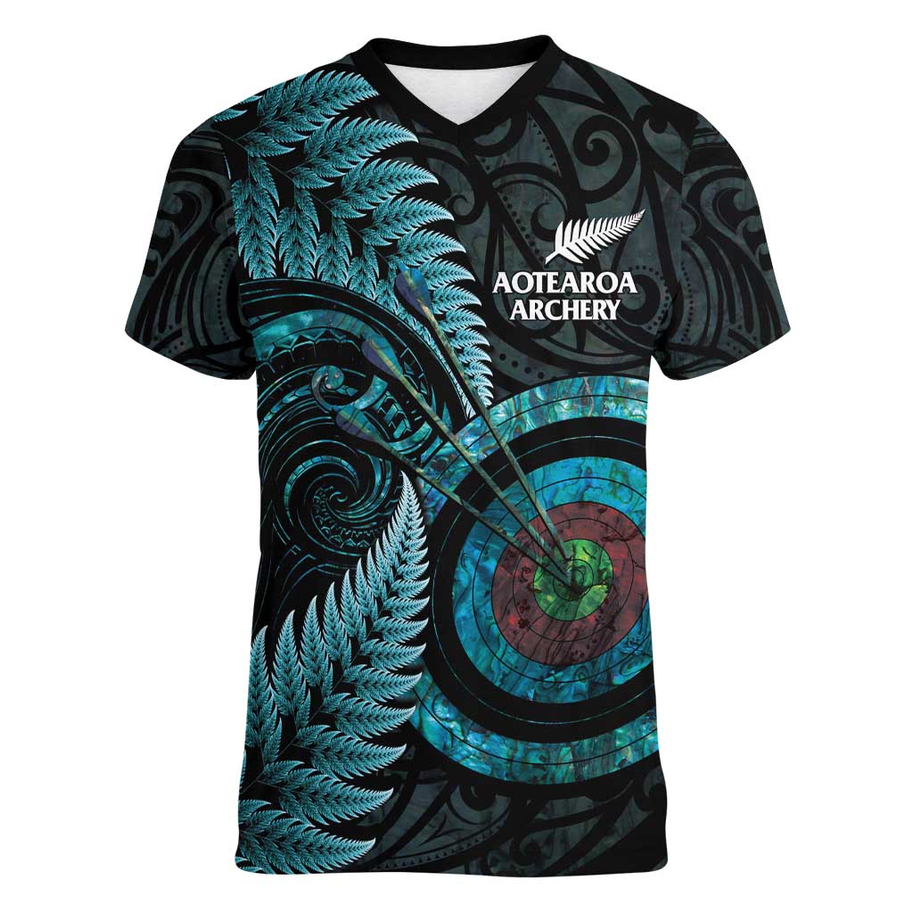 New Zealand Archery Women V-Neck T-Shirt Aotearoa Silver Fern Maori LT14 Female Turquoise - Polynesian Pride