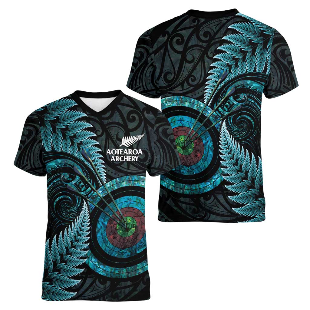 New Zealand Archery Women V-Neck T-Shirt Aotearoa Silver Fern Maori LT14 - Polynesian Pride