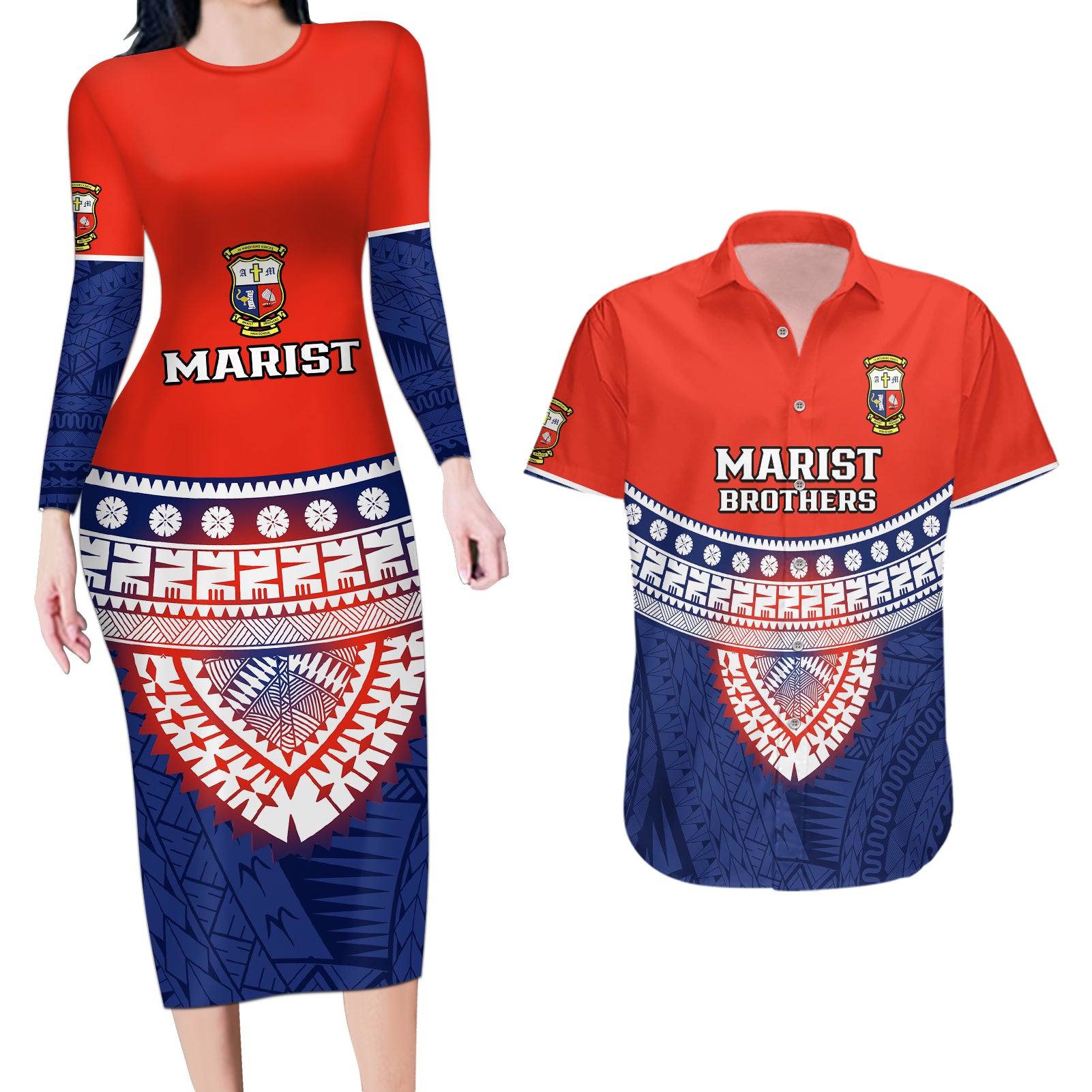 Fiji School Couples Matching Long Sleeve Bodycon Dress and Hawaiian Shirt Marist Brothers Fijian Tapa Pattern LT14 Blue - Polynesian Pride