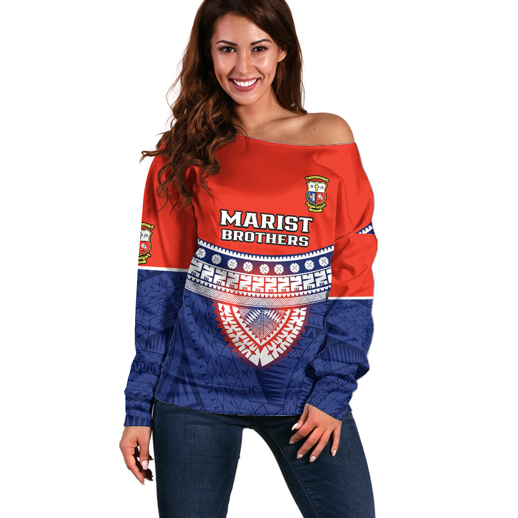 Fiji School Off Shoulder Sweater Marist Brothers Fijian Tapa Pattern LT14 Women Blue - Polynesian Pride