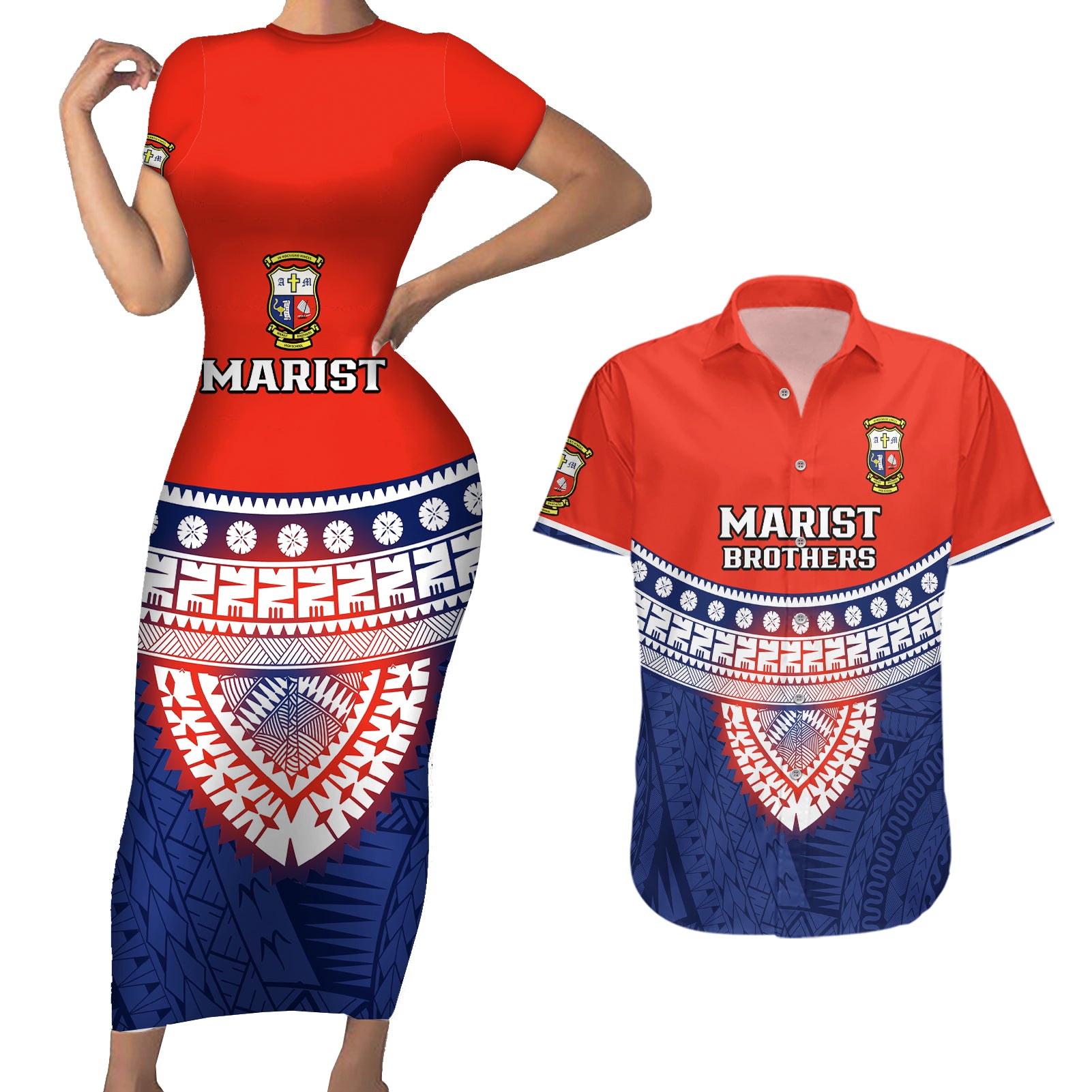 Custom Fiji School Couples Matching Short Sleeve Bodycon Dress and Hawaiian Shirt Marist Brothers Fijian Tapa Pattern LT14 Blue - Polynesian Pride