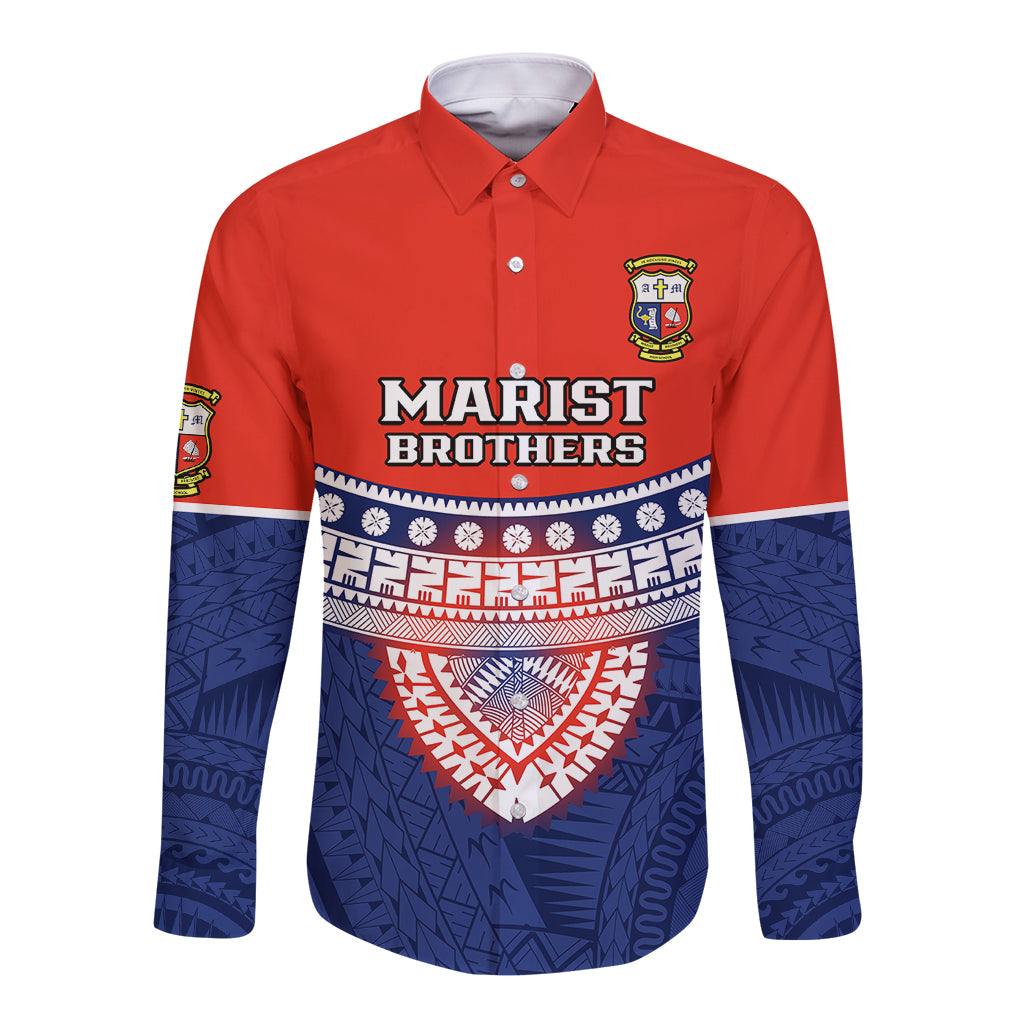 Custom Fiji School Long Sleeve Button Shirt Marist Brothers Fijian Tapa Pattern LT14 Unisex Blue - Polynesian Pride