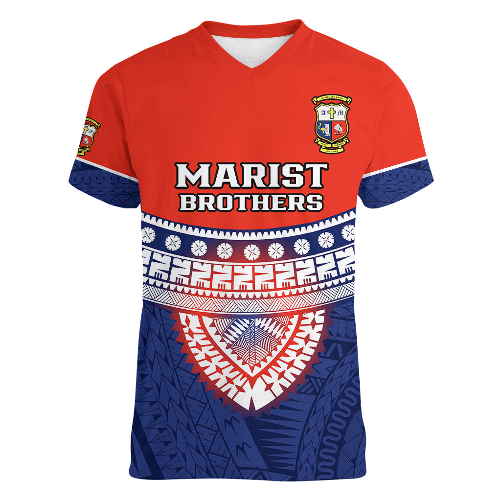 Custom Fiji School Women V Neck T Shirt Marist Brothers Fijian Tapa Pattern LT14 Female Blue - Polynesian Pride