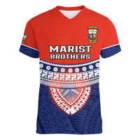 Custom Fiji School Women V Neck T Shirt Marist Brothers Fijian Tapa Pattern LT14 Female Blue - Polynesian Pride
