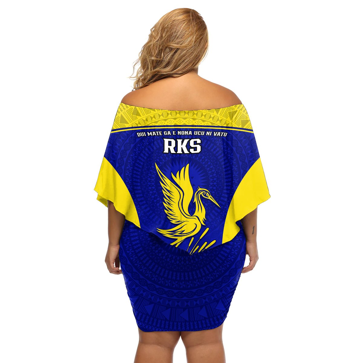 Fiji School Off Shoulder Short Dress Ratu Kadavulevu Heron With Fijian Tapa LT14 - Polynesian Pride