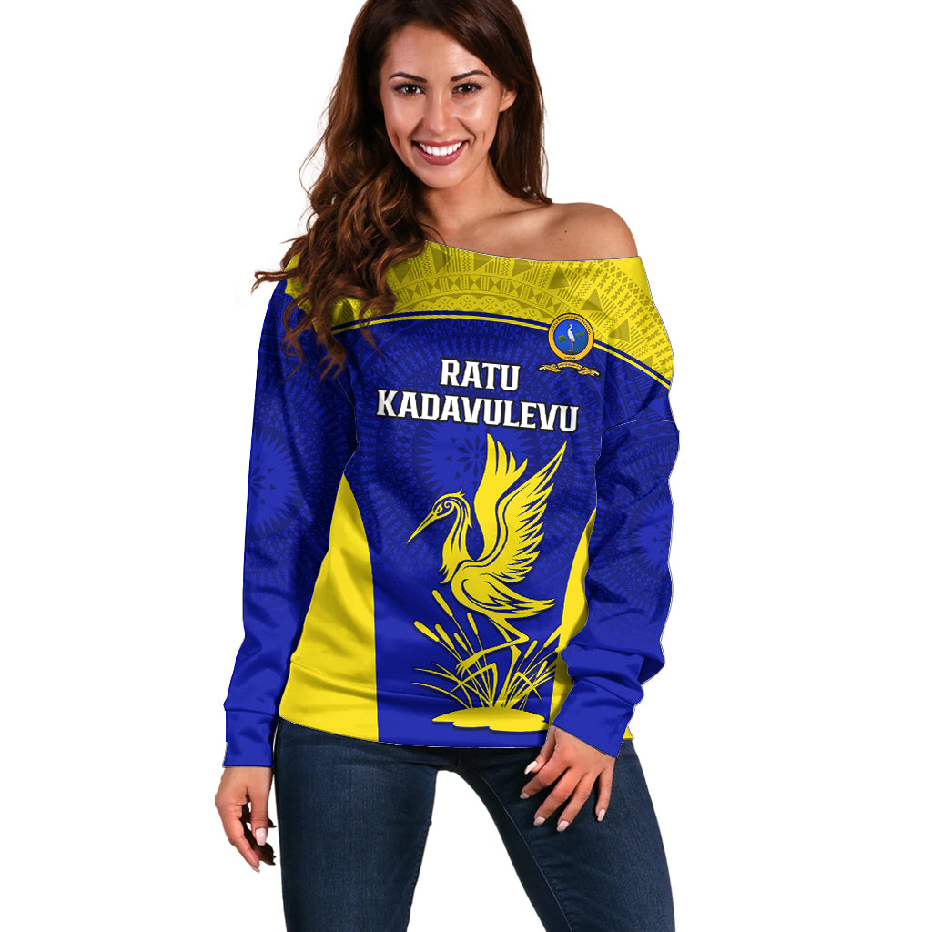 Fiji School Off Shoulder Sweater Ratu Kadavulevu Heron With Fijian Tapa LT14 Women Gold - Polynesian Pride