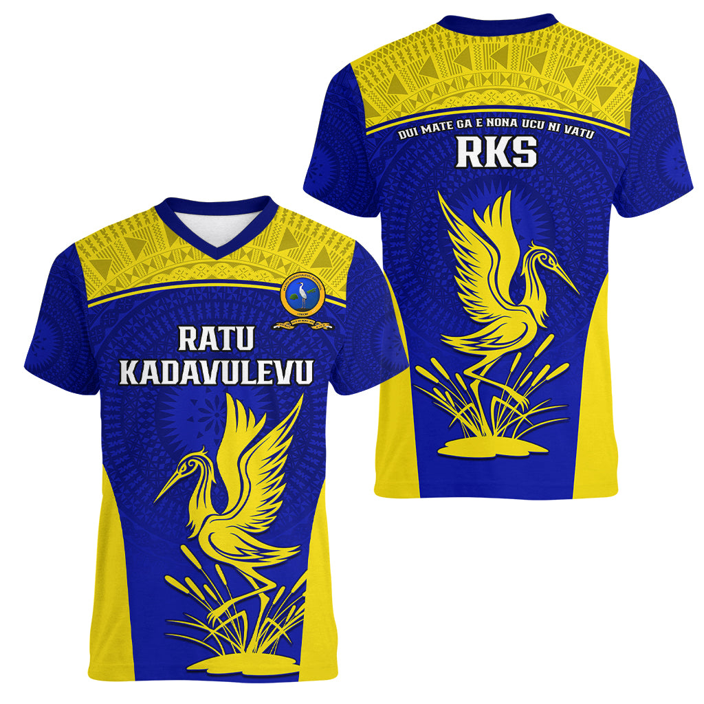 Fiji School Women V Neck T Shirt Ratu Kadavulevu Heron With Fijian Tapa LT14 - Polynesian Pride