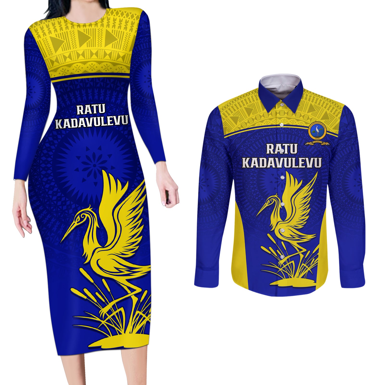 Custom Fiji School Couples Matching Long Sleeve Bodycon Dress and Long Sleeve Button Shirts Ratu Kadavulevu Heron With Fijian Tapa LT14 Gold - Polynesian Pride