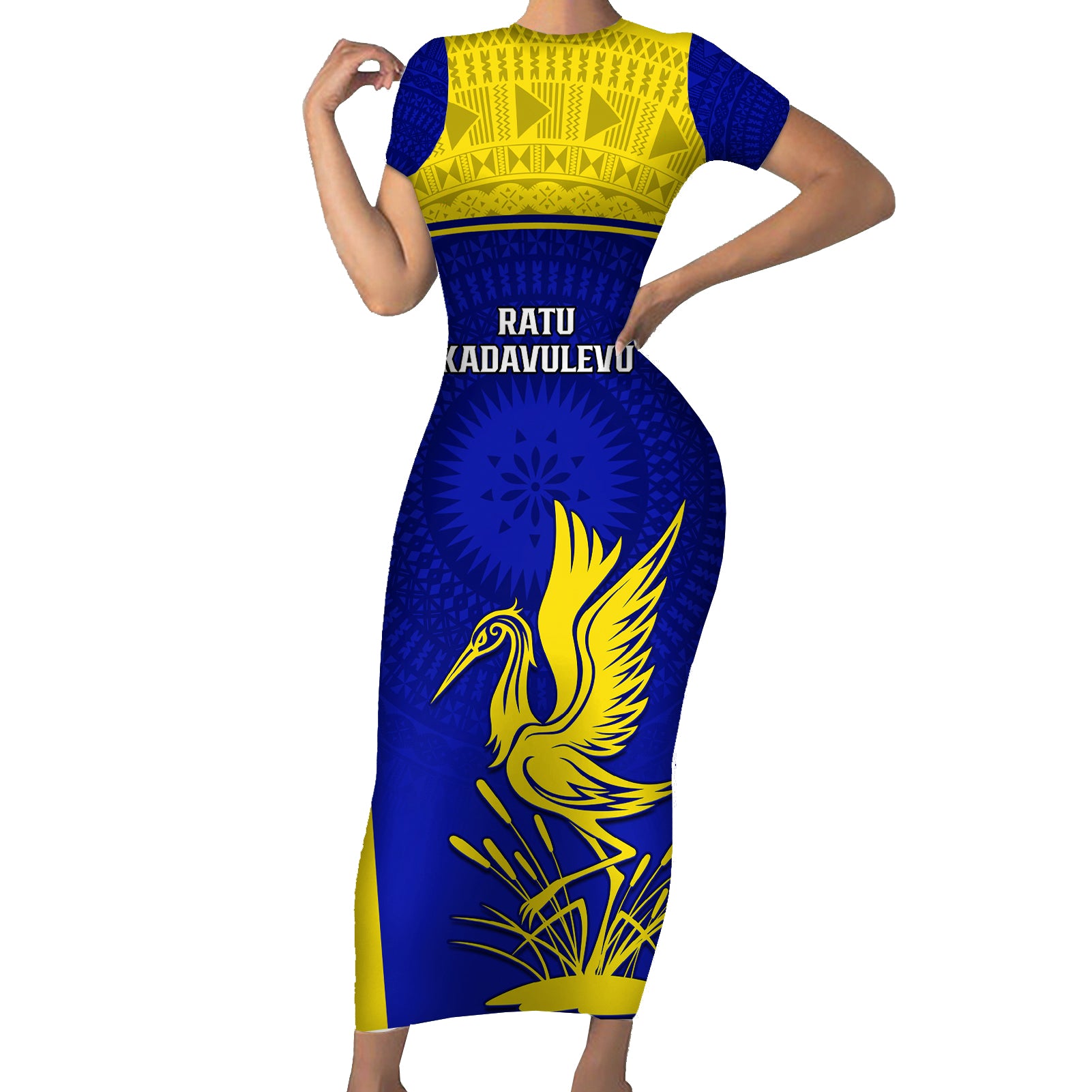 Custom Fiji School Short Sleeve Bodycon Dress Ratu Kadavulevu Heron With Fijian Tapa LT14 Long Dress Gold - Polynesian Pride