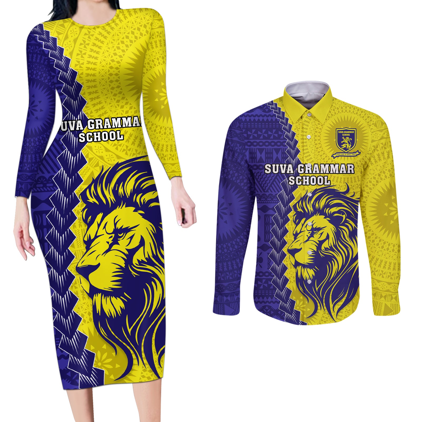 Fiji School Couples Matching Long Sleeve Bodycon Dress and Long Sleeve Button Shirts Suva Grammar Lions With Fijian Tapa LT14 Gold - Polynesian Pride