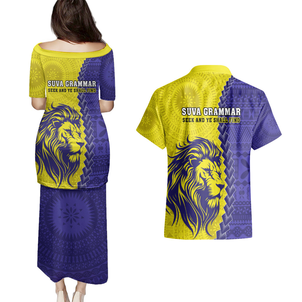 Fiji School Couples Matching Puletasi Dress and Hawaiian Shirt Suva Grammar Lions With Fijian Tapa LT14 - Polynesian Pride