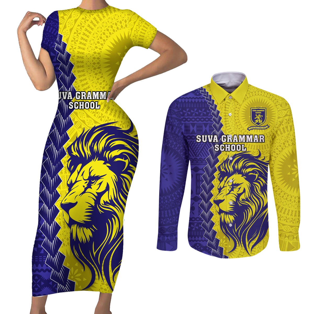 Fiji School Couples Matching Short Sleeve Bodycon Dress and Long Sleeve Button Shirts Suva Grammar Lions With Fijian Tapa LT14 Gold - Polynesian Pride
