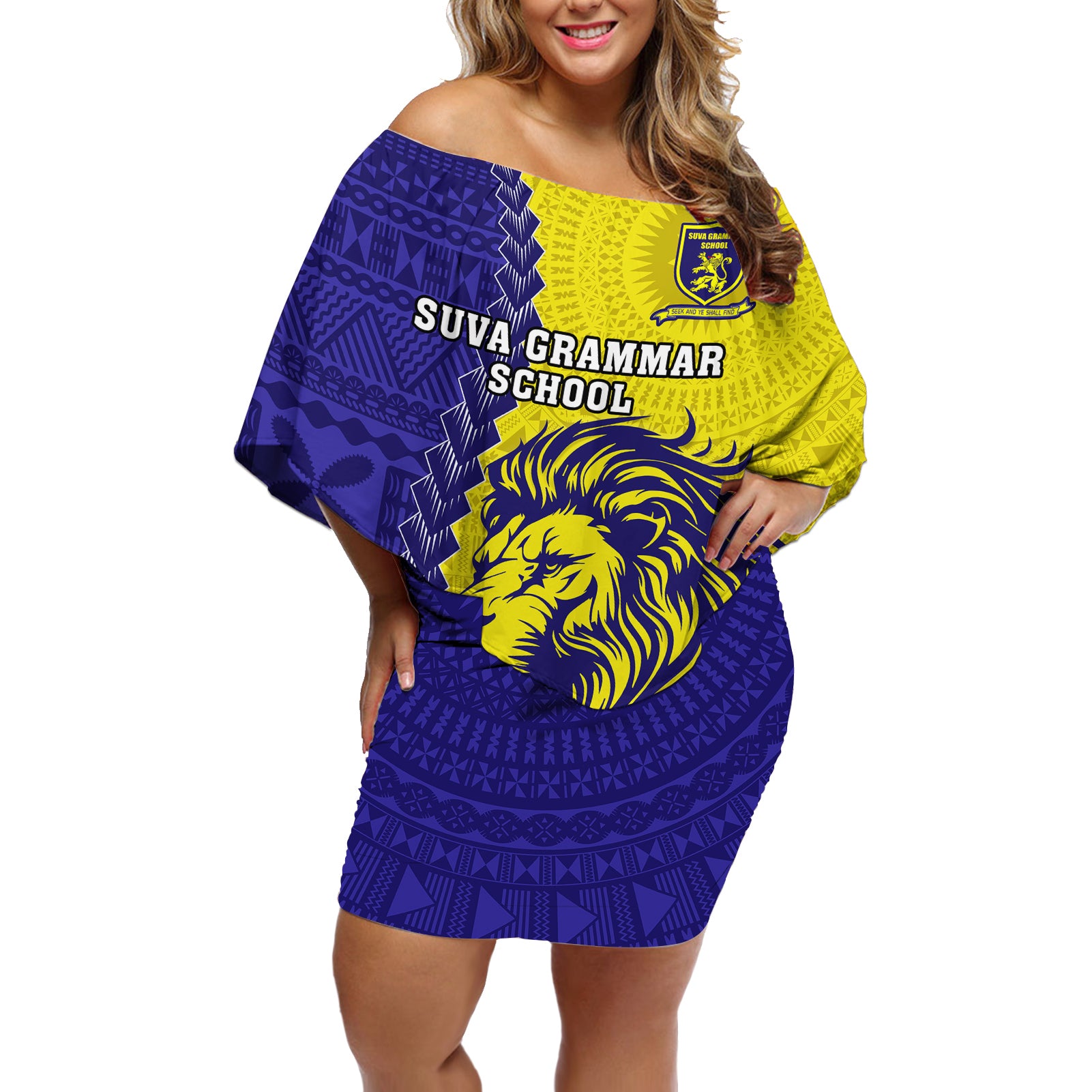 Fiji School Off Shoulder Short Dress Suva Grammar Lions With Fijian Tapa LT14 Women Gold - Polynesian Pride