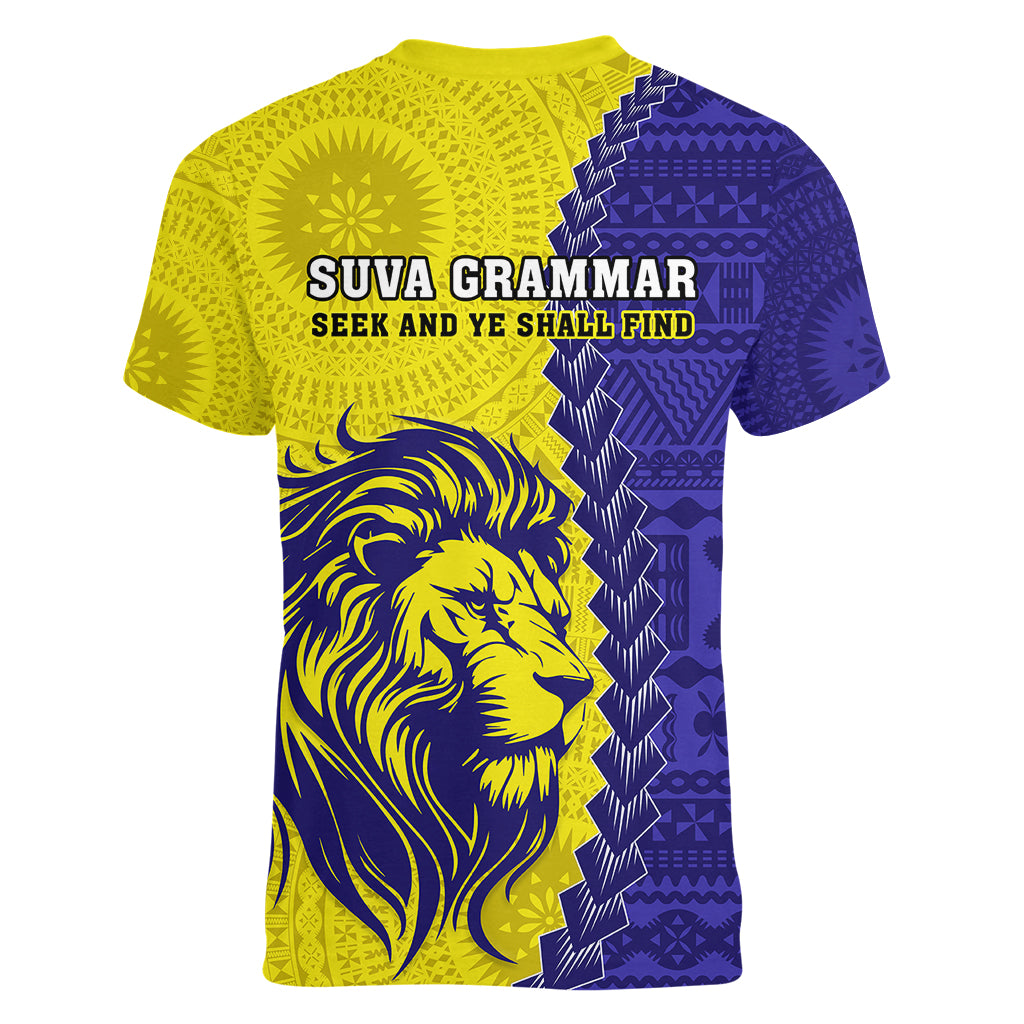Fiji School Women V Neck T Shirt Suva Grammar Lions With Fijian Tapa LT14 - Polynesian Pride